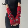 Dunkle Gothic Mode Handschuhe Sternenstrick Armstulpen Fingerlos für Damen Mädchen Lolita Alltag Ärmel Stil Gestreift Häkeln Cosplay Kostüm