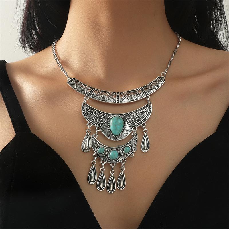 Mehrschichtige Böhmische Quaste Statement Halskette Für Frauen Geschnitztes Auge Vintage Ethnisch Lange Kette Anhänger Halskette Collier Femme