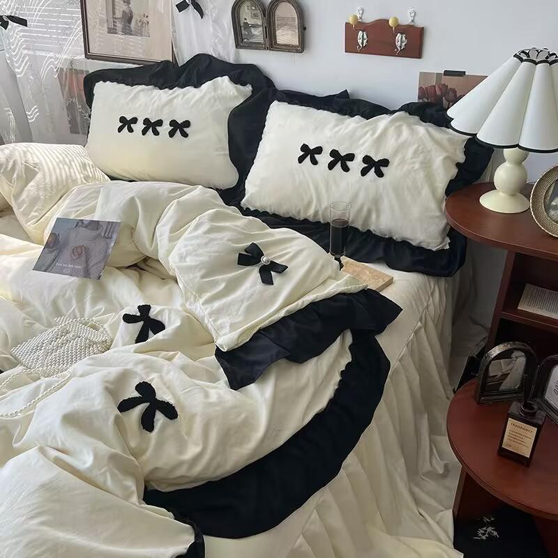 Ins Girl Bow Lace Washed Cotton Four-Piece Set Available For Four Seasons Bed Skirt Bedding 4 Dormitory Three-Piece Set