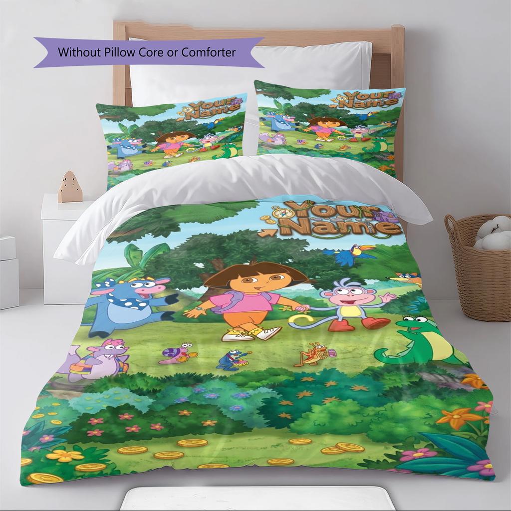 Name Custom Explorer Dora Pattern Bedding Set Quilt Cover Pillowcase Home Decor Gift (1 * Duvet Cover + 2 * Pillowcase, Without Core)