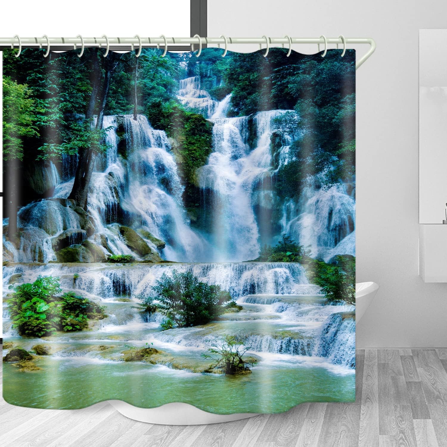 

Shower Curtains Waterproof Polyester Fabric,Large Width Bright Partition Curtain With Waterfall Pool Print,Shower Curtain Liner W60H190(CM)-1 Pcs