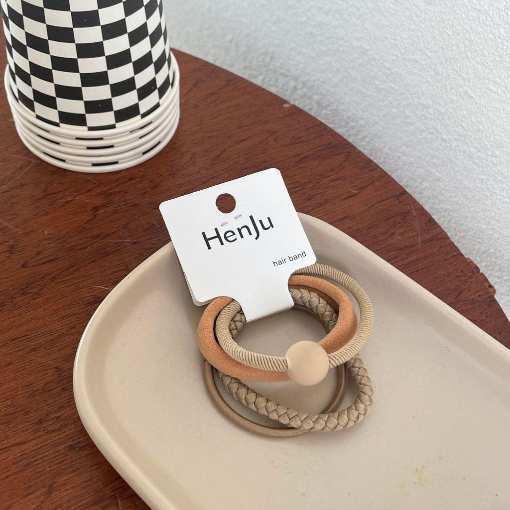Milk Tea Color Hair Tie Set: New Style, High Elasticity Rubber Bands with Leather Cover for Girls