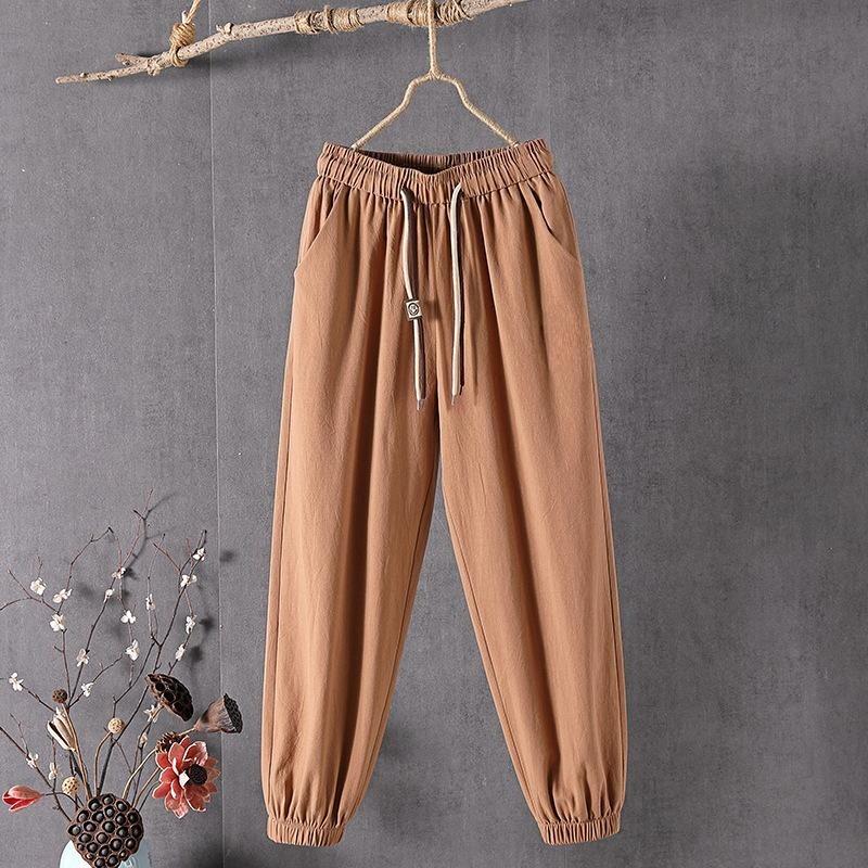 Women Summer Cotton Hemp Cropped Pants Mid-Rise Elastic Waistband Wide Leg Casual Pants