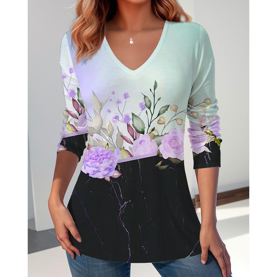 

Женская футболка с цветочным принтом, длинными рукавами, праздничные выходные, мода, V-образный вырез, обычная версия, футболки на весну и осень 5XL