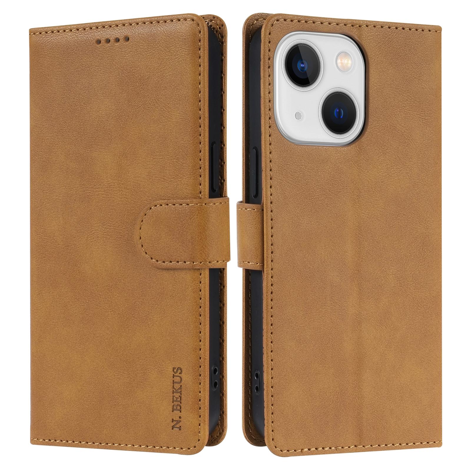 

N.BEKUS CSJ-001 For iPhone 15 Case Solid Color Leather Phone Cover with 3 Card Holder Brown