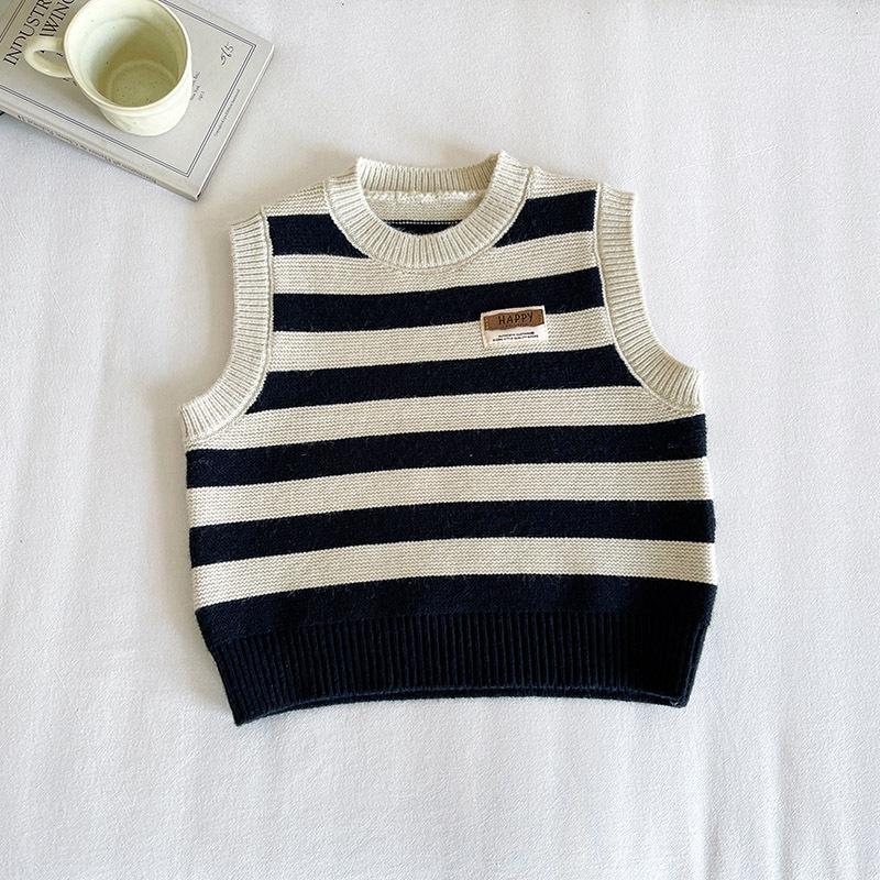 

Xianao 2025 Мальчиковый корейский преппи полосатый жилет-свитер на осень 140 cm абрикосовый/чёрный