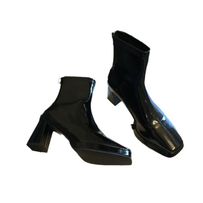New autumn and winter high-heeled short boots fashionable versatile square-head patent leather Martin boots thick-heeled thin boots fashion boots