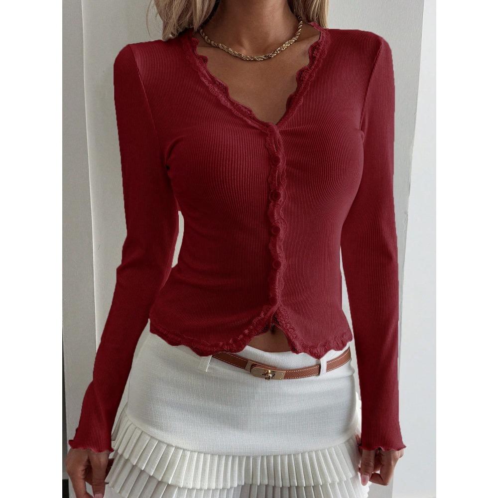 Women V-Neck Lace Patchwork Striped Cardigan Long Sleeve Casual T-Shirt Top