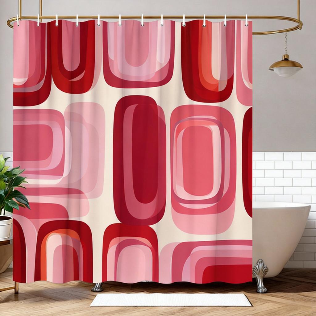 Retro Geometric Shower Curtain Layered Green & Brown Shapes, Mid-Century Modern Bath Curtain for Vintage and Boho Bathroom Decor