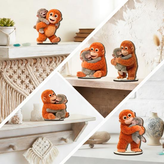 Niedliches Affen-Tischschild (2D) mit Babyäffchen und Plüschtier, Schreibtischdeko aus Holz für Zuhause oder Büro, herzerwärmendes Geschenk für Freunde
