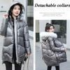 Winter Women Mid-length Parkas Jackets Casual Female Thicken Warm Hooded Jackets Coat Windprood Shiny Parka Coat with Fur Collar