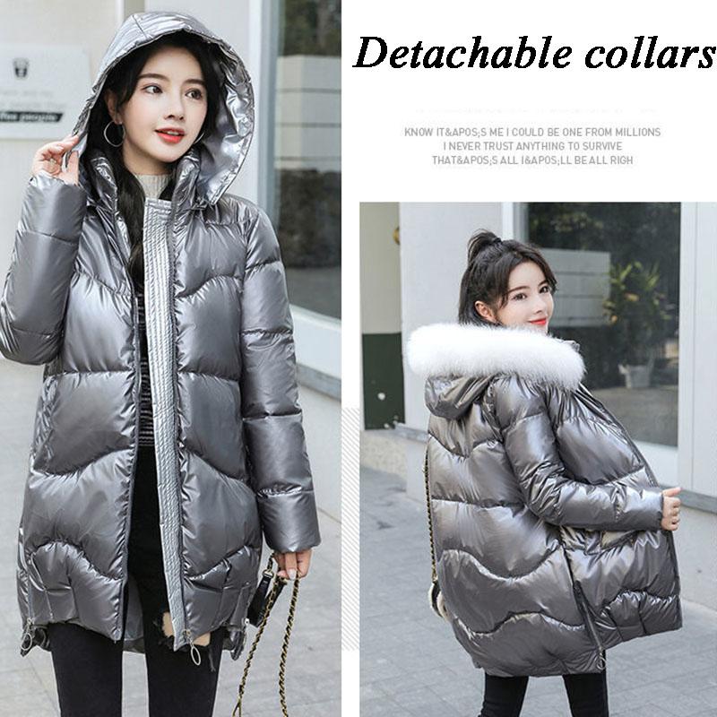 Winter Women Mid-length Parkas Jackets Casual Female Thicken Warm Hooded Jackets Coat Windprood Shiny Parka Coat with Fur Collar