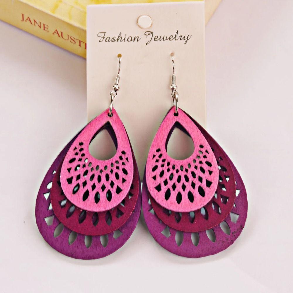 Hollow Out Large Ethnic Earring Mixed Color Vintage Dangle Earrings Wood Drop Earrings  Party