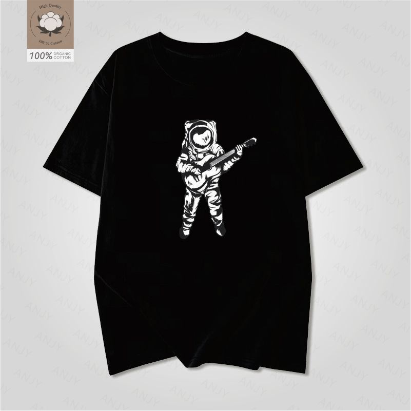 Space Astronaut Guitar Print Short Sleeve Unisex Retro Rock Style Loose Fit Pure Cotton Tshirt Streetwear