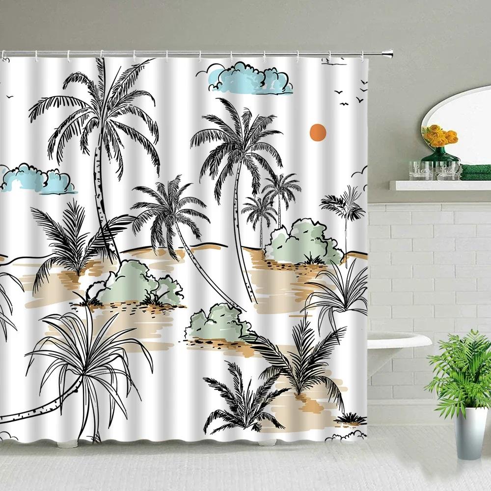 

Palm Tree Waterproof Shower Curtains Tropical Plants Hand Painted Modern Scenery Bathroom Curtain Bathtub Home Decor With Hooks W60H190(CM)-1 Pcs