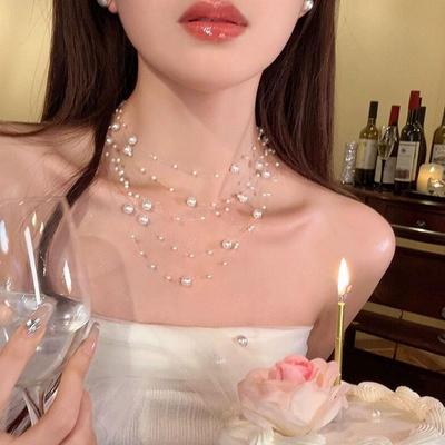 Elegant White Pearl Necklace Women's Clavicle Chain 2025 Chain High-End Sweater Multi-Layer New Q1R0