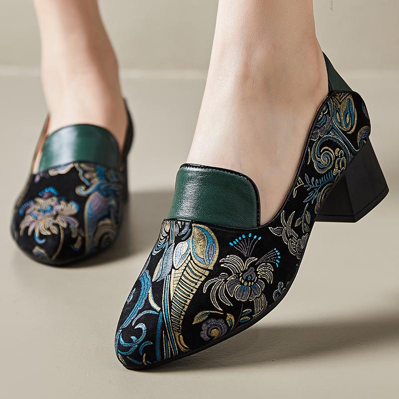 Fashion GKTINOO 2025 Spring New Ethnic Style Pointed toe High Heels Shoes Versatile Retro Genuine Leather Pumps Women's Shoes