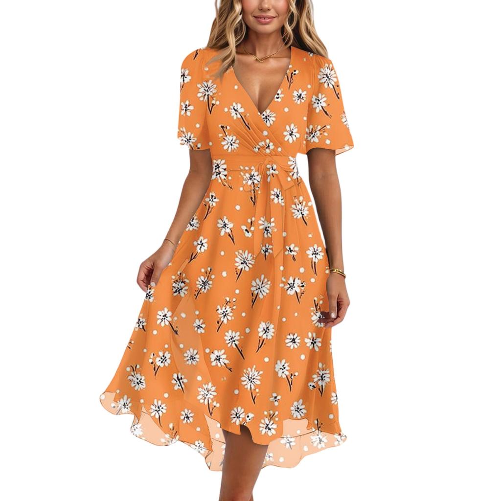 Damenmode Lässig V-Ausschnitt Kurzarm Rüschen Vintage Bedruckte Kleider
