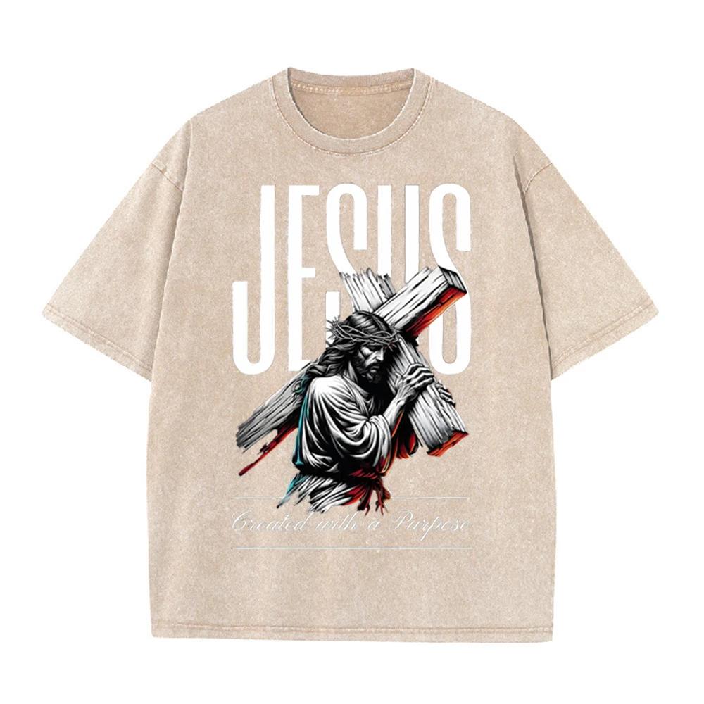 2026 Vintage Washed Black Religious Jesus Cross Graphic T Shirt Created With A Purpose Faith Print Oversized Casual Short Sleeve