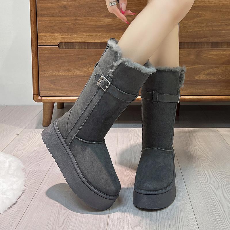Mid-tube Cotton Boots  Winter New Belt Buckle Platform Plush Thickened Non-slip Snow Boots
