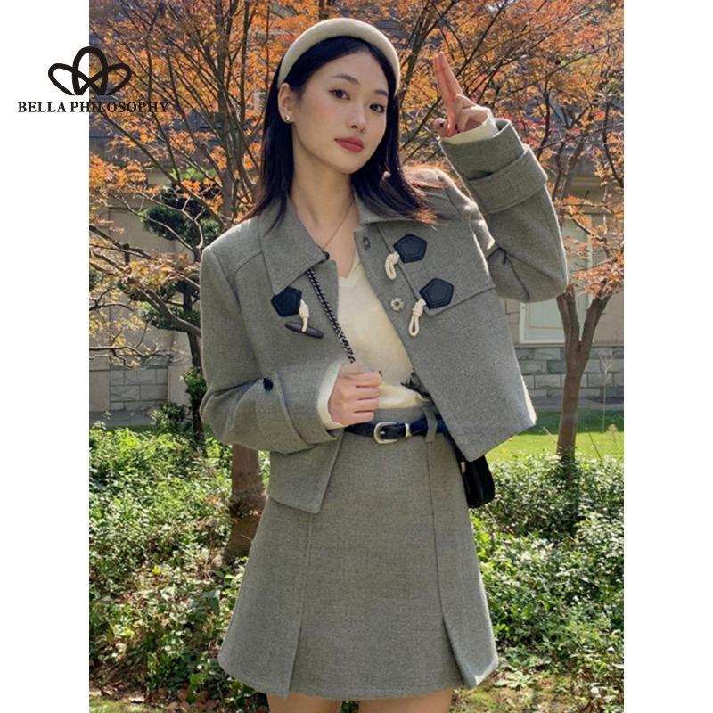Autumn Winter High-end Casual Grey Dress Two-piece Suit Horn Button Chic Fashion Woolen Cloth Top Skirt Suit