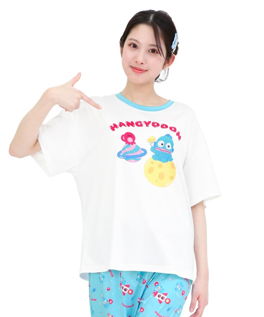 SAZAC Cosmic Hangyodon Pyjama Powder Stretch Kurzarm und Lange Hose Loungewear x Set, Stoff, Damen Set, (Weiß Blau/M/SAN1954)