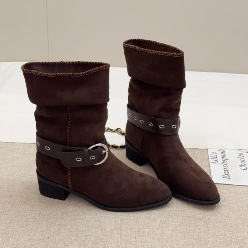 Retro Womens Faux Suede Western Cowboy Ort Boots Women's Autumn Winter Fashion Booties Pointed Toe Crumpled Booties Comfortable