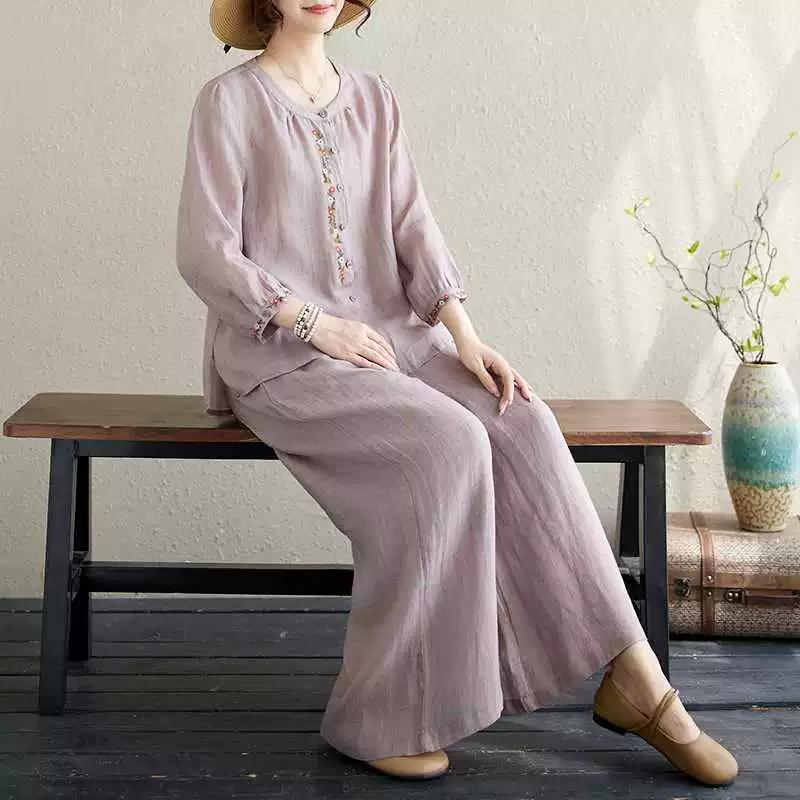 Ladies Summer Chinese Style Embroidery Casual Suit Loose Shirt + Casual Pants Two Piece Set