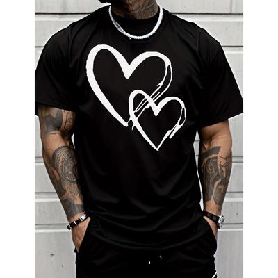 Europäische Größen Klassische Herrenmode Lässig Trendiger Streetstyle Kurzarm T-Shirt mit zwei ineinandergreifenden weißen Herz-Skizzenmustern für Erwachsene