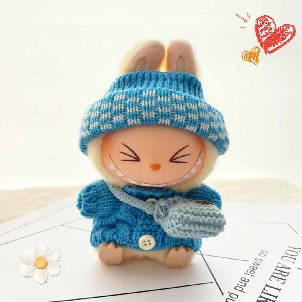 15-17cm Labubu Clothes Outfit Set for V1 V2 Cute Sitting Party Doll Sweater Hat Bag Accessories for Mini Plush Dolls Decoration