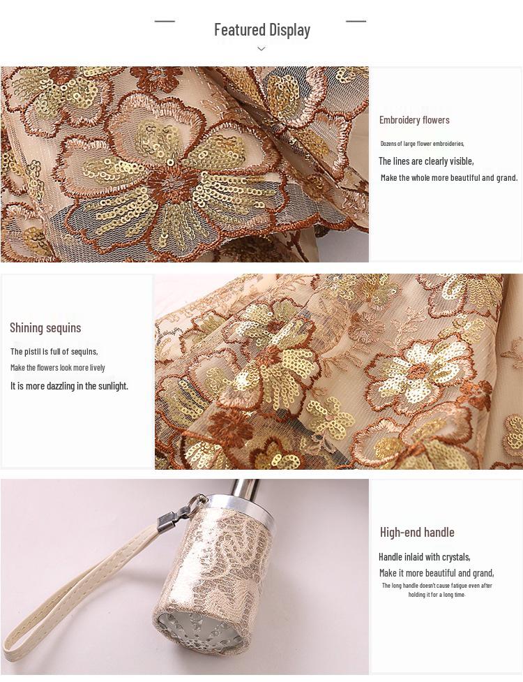 Lace Embroidery Sun & Rain Dual-Use UV Protection Folding Parasol Umbrella