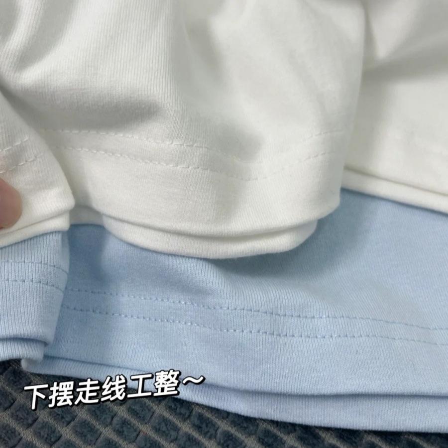 Summer New Light Blue Cotton T-shirt Women's Shoulder Simple Casual Thin Top Basic Versatile Short Sleeves
