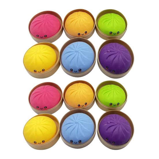 12Pcs Steamed Bun Stress Ball with Steamer Anti-Anxiety Glitter Cartoon Dumpling Squeeze Toy Simulated Dough Ball Fidget Sensory Toy