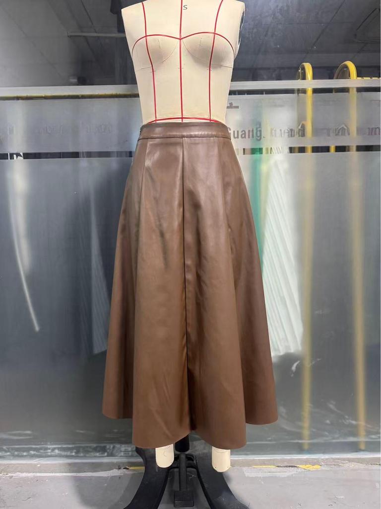 Miu Style Brown A-Line Leather Skirt - Women's Slim Fit for Autumn/Winter