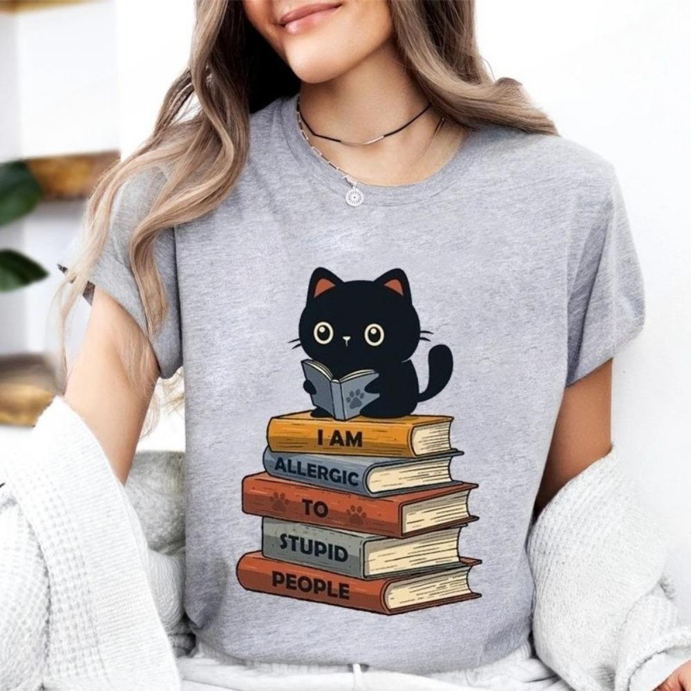 Cat Reading Design T-shirt,A Perfect Gift for Book Lovers and Cat Owners A Summer Book-themed T-shirt