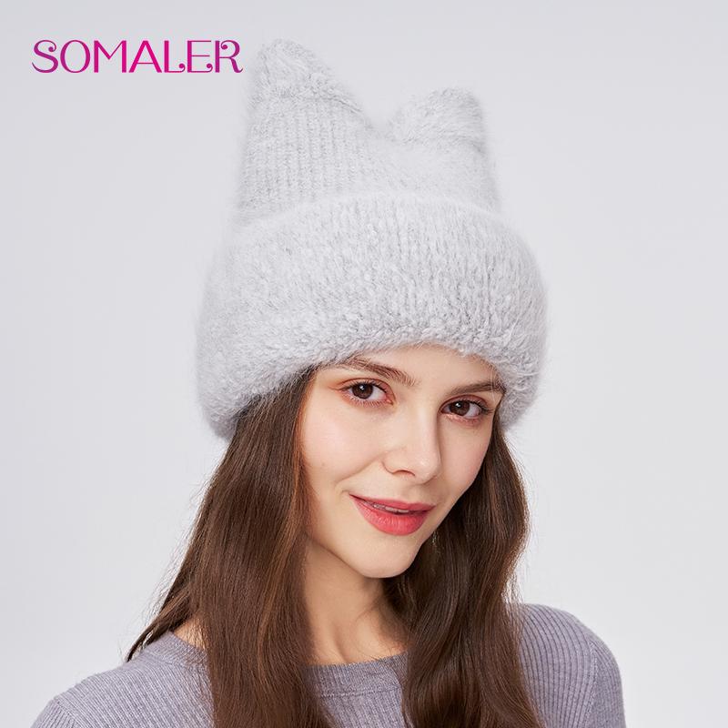 SOMALER Căciulă groasă, călduroasă, pufoasă, din lână angora pentru femei, cu design tricotat cu urechi de pisică, căciulă de iarnă la modă și confortabilă