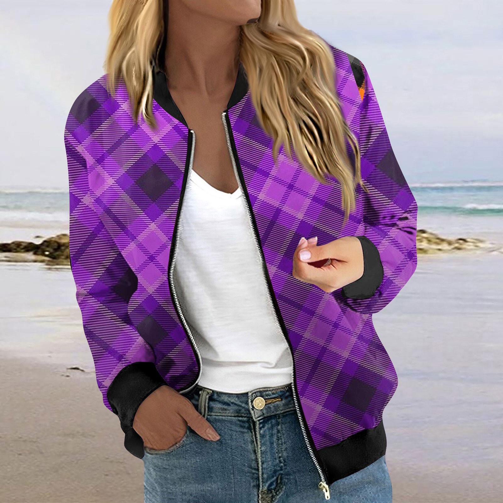

Женская модная повседневная куртка на молнии с принтом и карманами, длинное пальто с рукавами L фиолетовый