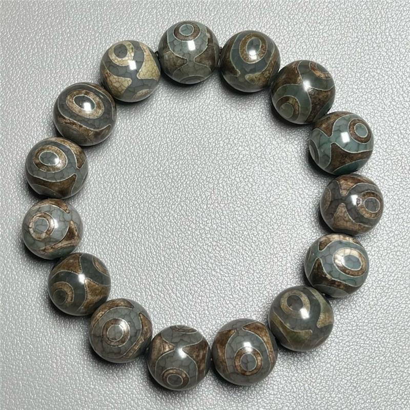 14MM Natural Agate Dzi Bead Stone Bracelet for Men Tibetan Chinese Style Spiritual Protection Handmade Stretch String Buddhist Gift