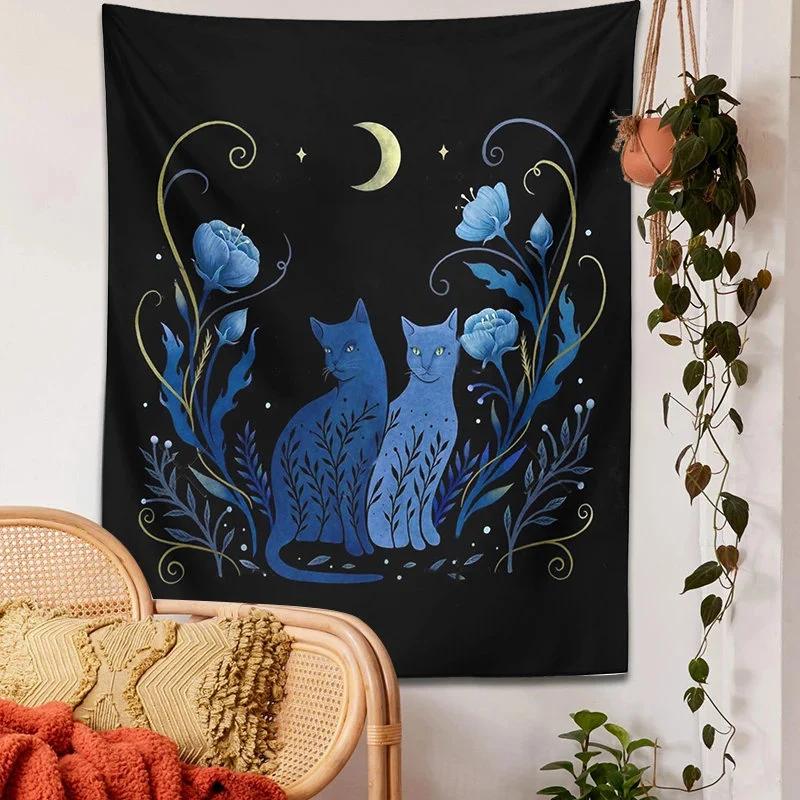 Moonlit Blue Cat Pair Tapestry Flat Print Floral Wall Hanging Witchy Aesthetic Decor for Bedroom  Dorm Perfect Gift for Cat