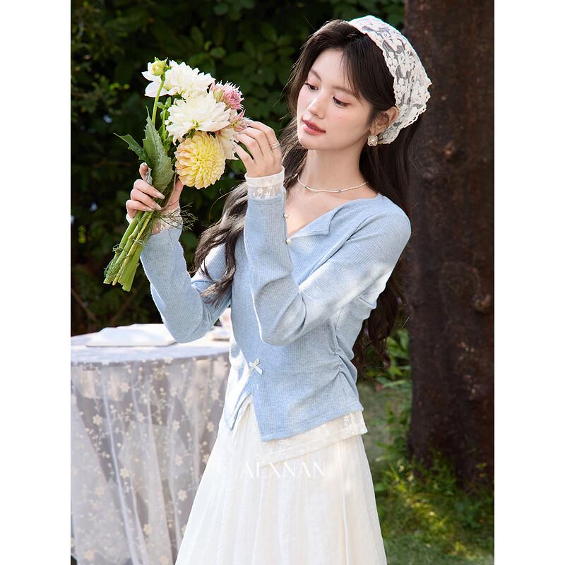 Luxiangnan Women's Blue Fake Two-Piece Long Sleeve Top