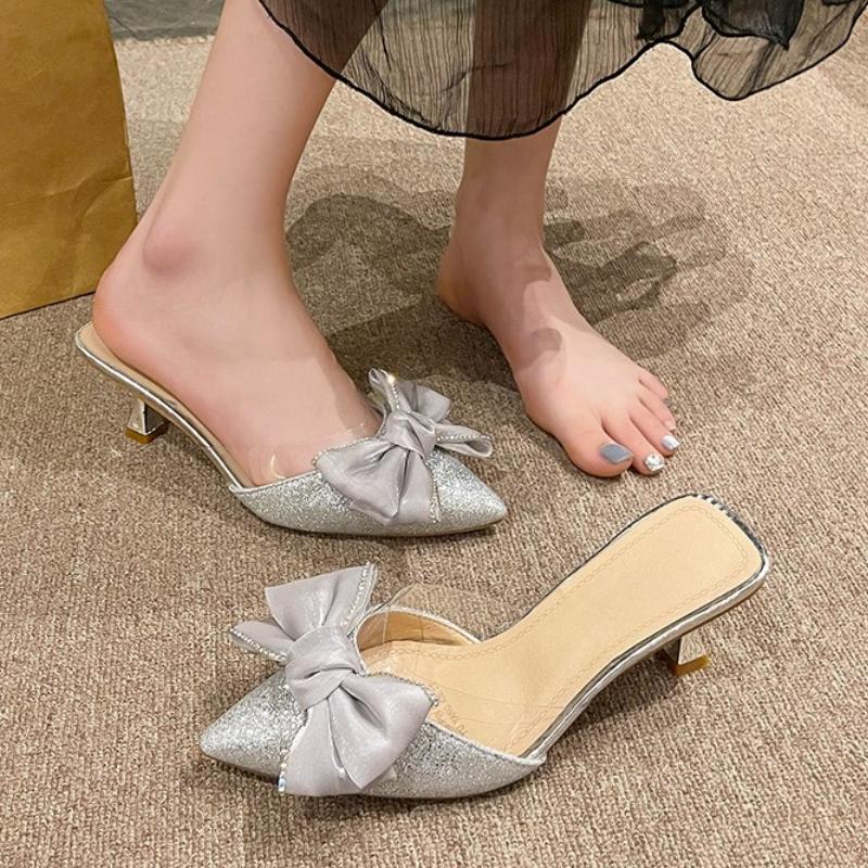 

Летние розовые тапочки-бантики замшевые с острым носком на низком каблуке женские сандалии модные туфли-мюли для платья элегантные тапочки сандалии гладиаторы 34 серебряный