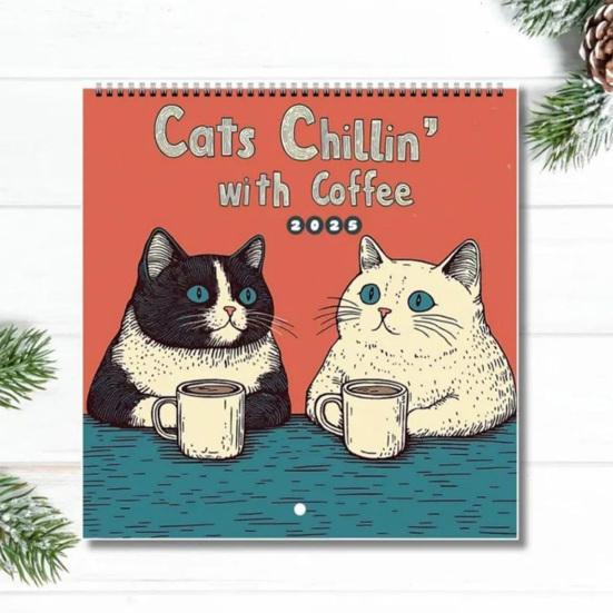 1/2Pcs 2025 Wall Calendar Cats Chillin' with Coffee Wall Calendar 12 Monthly Coffee Cats Calendar Family Office Organizer for Cat Lover Gift