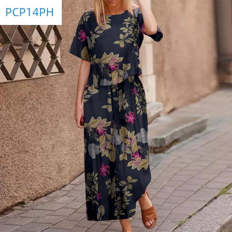 

Наряды с цветочным принтом. Женская рубашка с короткими рукавами и брюки. Летний костюм из двух предметов. 2XL темно-синий