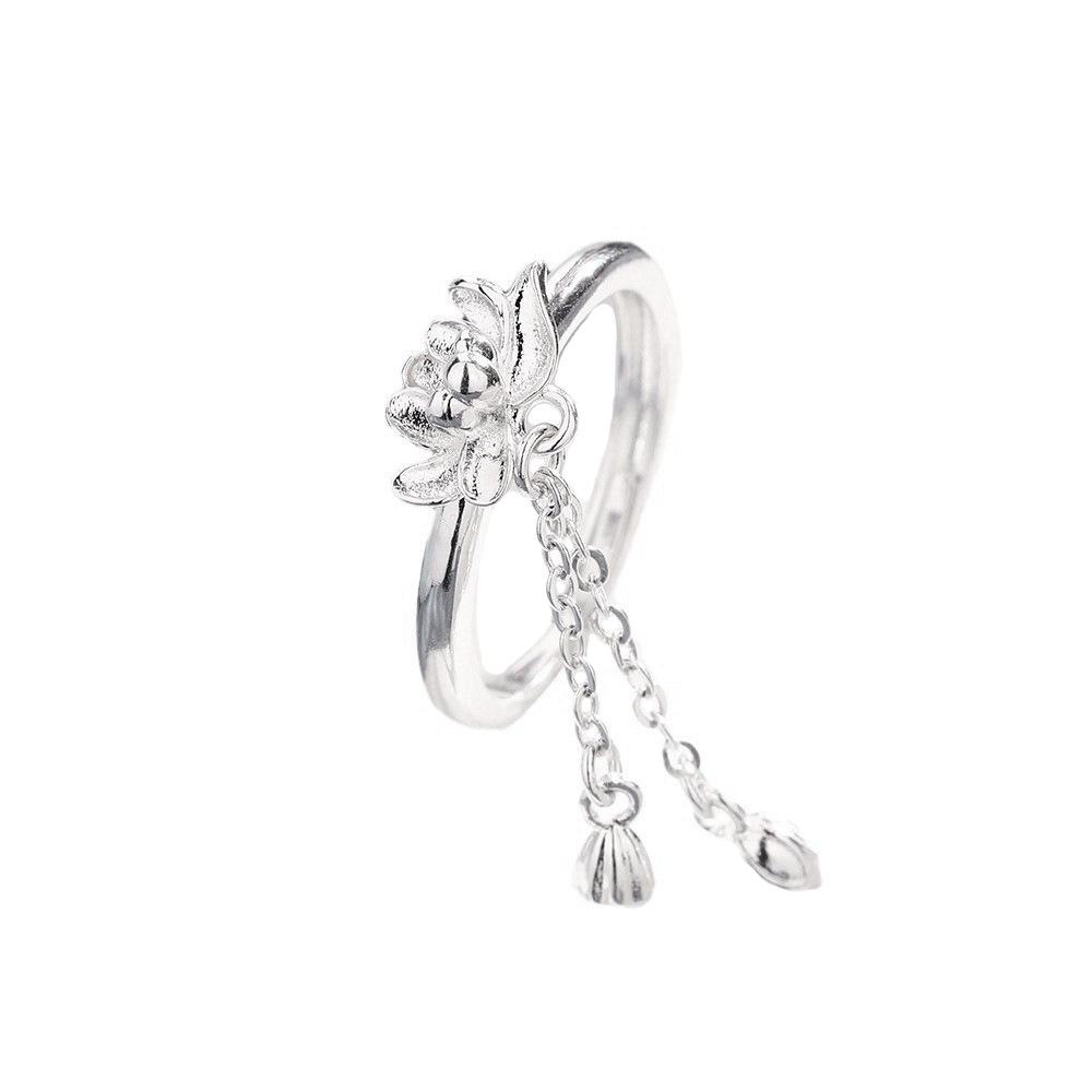 Tassel Lotus Ring New Chinese Jewelry Accessories Fashion Open Adjustable Design Flower Finger Ring Silver Flower Bud Lotus Ring