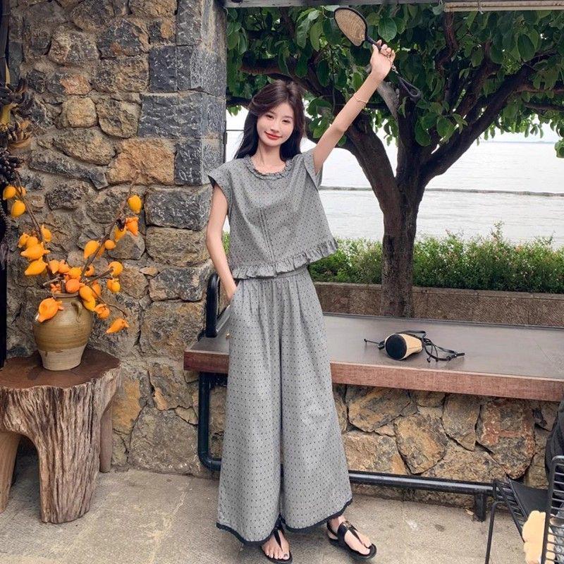 

Autumn 2026 Korean-Style Polka Dot Puff Sleeve Top & Wide Leg Pants Set M (85-100 jin)