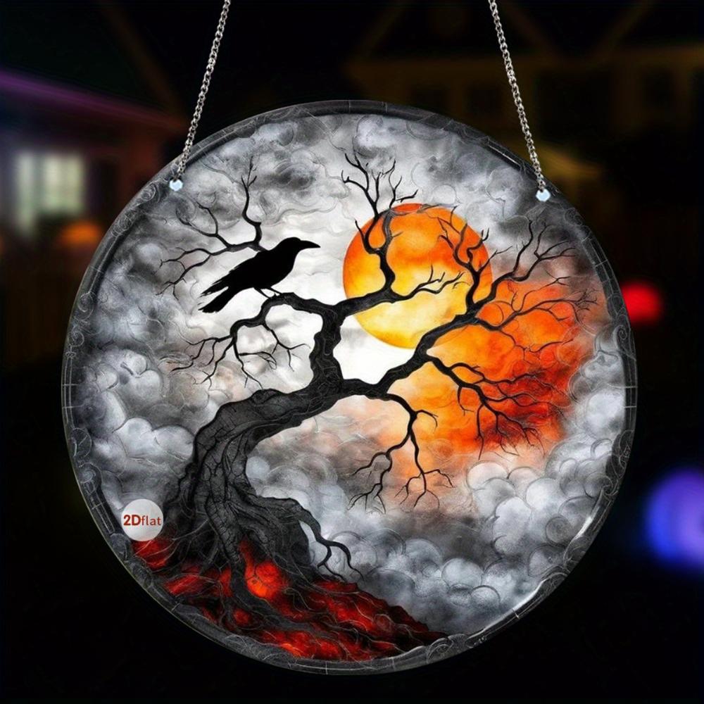 Catcher dei sogni rotondo in acrilico retrò 2D per Halloween - motivo pipistrello/corvo/gatto nero decorazione per finestra, decorazione per la casa horror da interni ed esterni