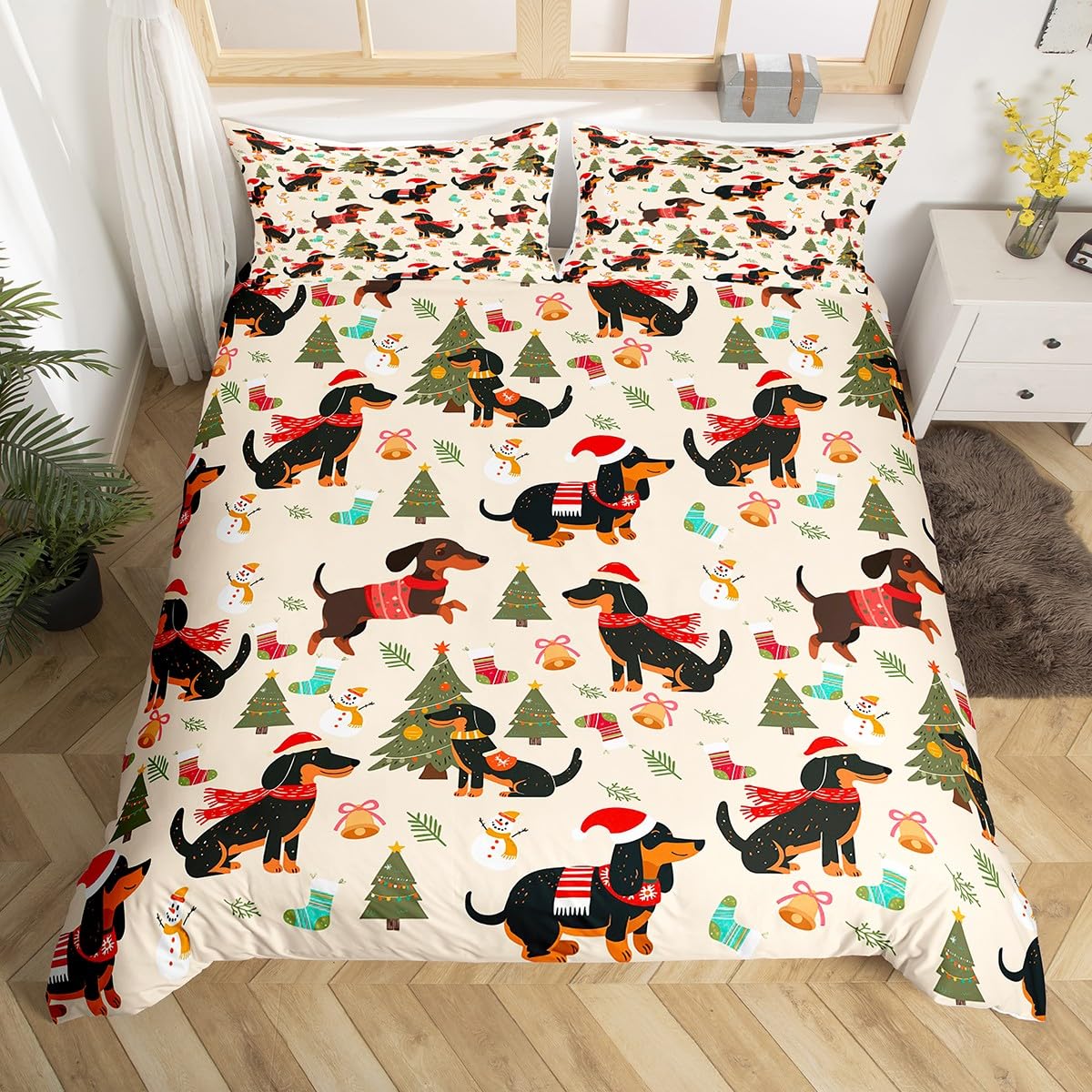 Comforter Cartoon Dachshund Cartoon Sausage Dog Comforter Cute Puppy Dog Bedding Set Cute Family Pet Animal Comforter (quilt)-EU Single(135*200cm)3pcs