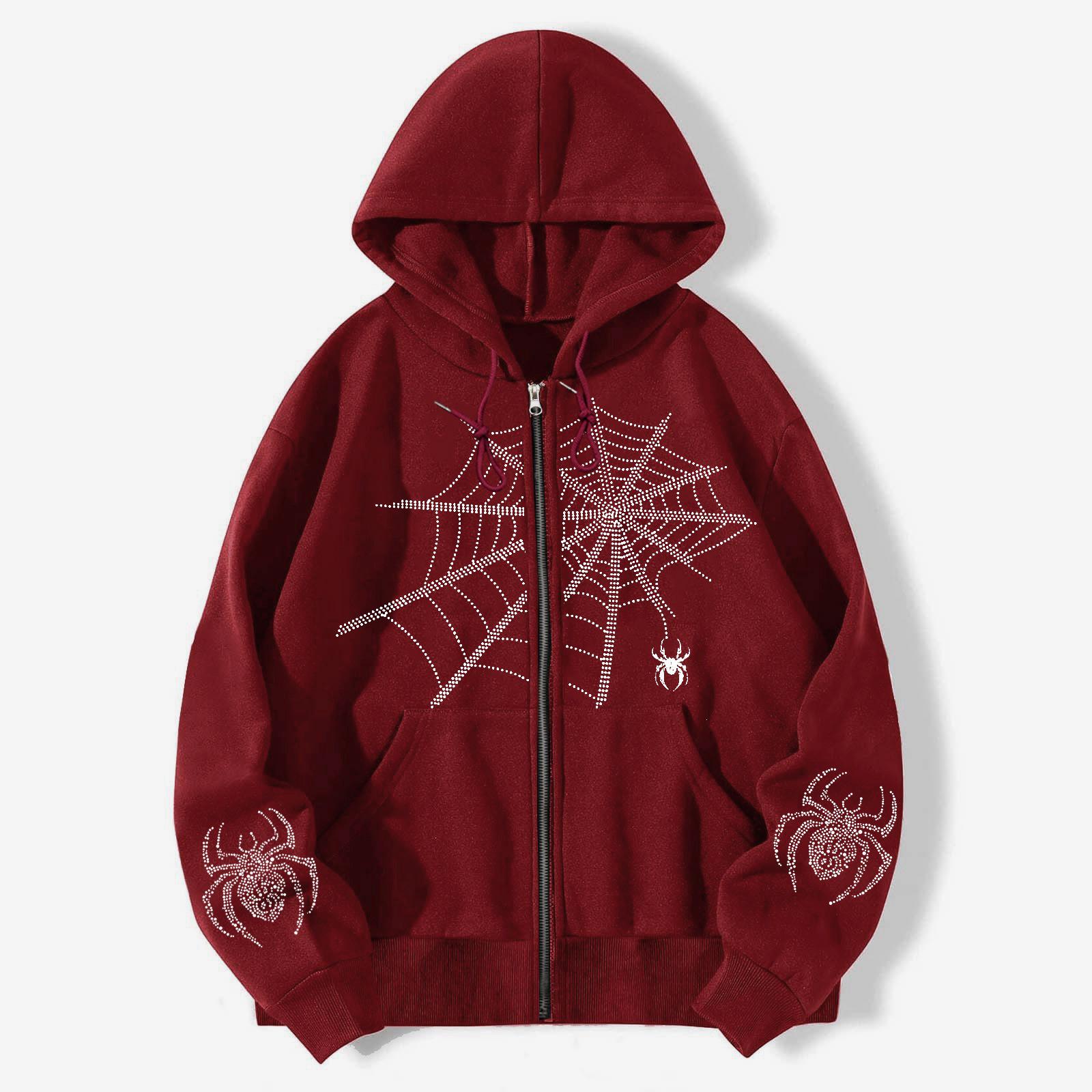 Retro Spinnenprint Kapuzen-Fleece-Strickjacke - Herbst/Winter Reißverschluss-Sweatshirt L black