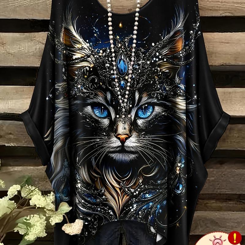 Elegant bohemian resort style large size simple Elvis graphic print irregular hem round neck T-shirt - no accessories