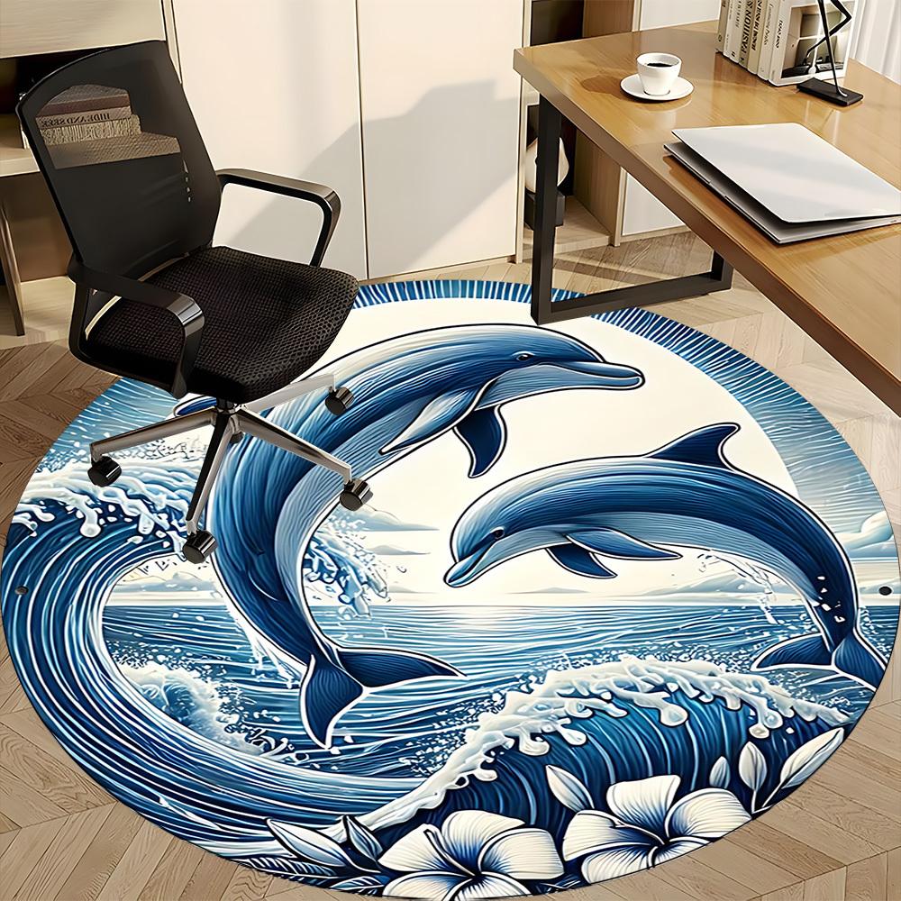 1 szt. Okrągły dywanik biurowy z motywem fal i delfinów, Mata wewnętrzna odpowiednia do biura, Pod krzesła biurowe, Sypialni, Salonu, Wystroju domu, Dekoracja pokoju
